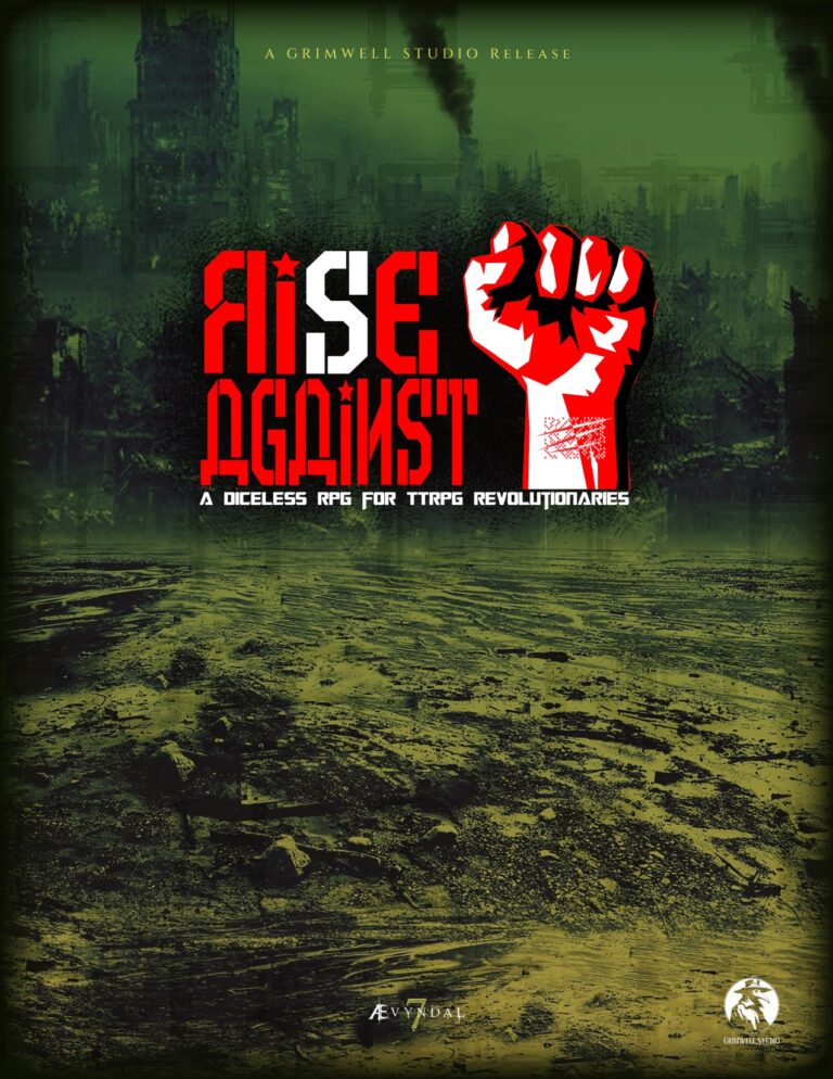 Rise Against v2.0 cover: a clenched red fist over a ruined green wasteland, a Grimwell Studio release